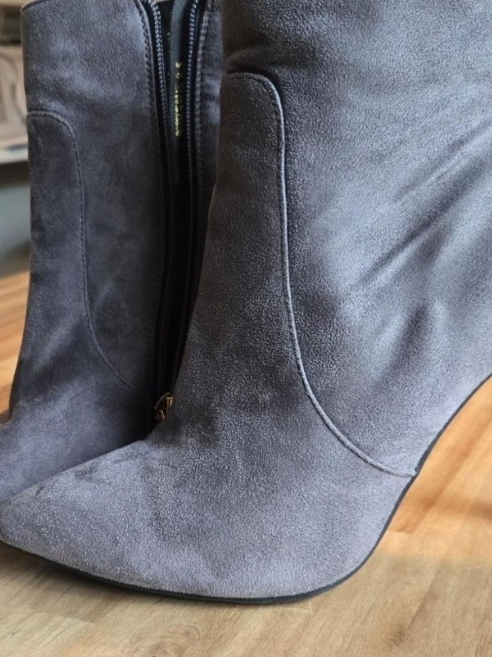 IDIFU "Tina" Gray Suede Stiletto Ankle Booties